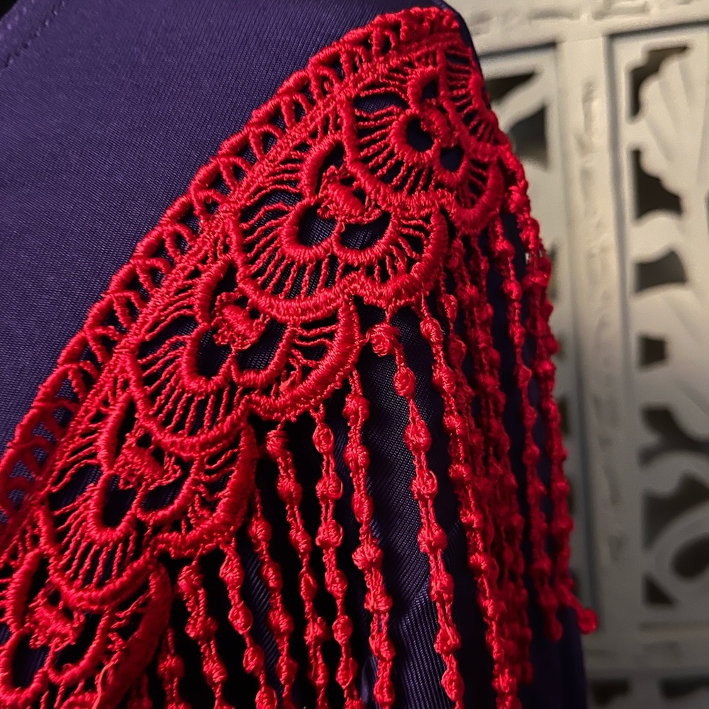MAXIMA USA VINTAGE gorgeous purple with red fringe 2pc top & skirt maxi dress - Picture 6 of 11